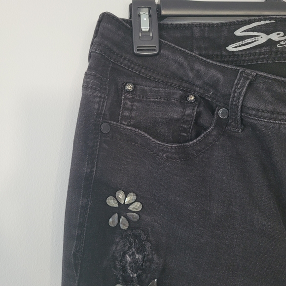 SEVEN 7 Destressed High Waisted Denim Black Skinny Jeans w/Rhinestones - Picture 5 of 10